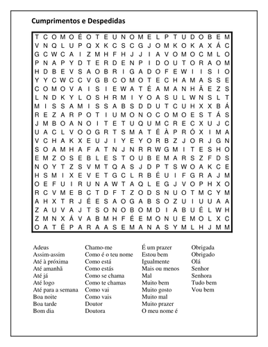 Cumprimentos e Despedidas (Greetings in Portuguese) Wordsearch ...