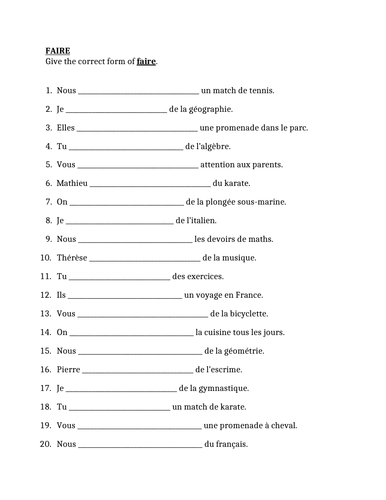 Faire French Verb Worksheet 2 Teaching Resources 