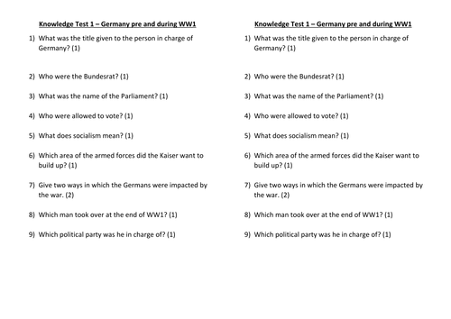 AQA GCSE History Germany 1890-1945 - Knowledge Test