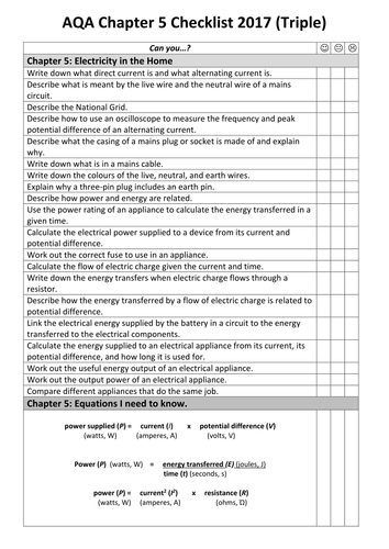 Aqa 9 1 Gcse Triple Physics Revision Checklists With Equations And 3103