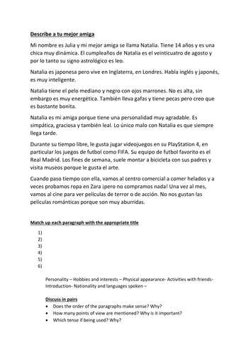 Mi Mejor Amigo A Reading And Writing Test Including Translation Around Personal Description Teaching Resources