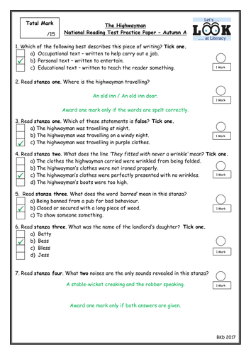 National Reading Test - KS3 - Poetry Practice Paper - The Highwayman
