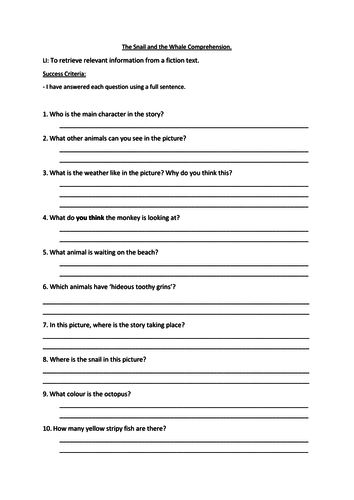 English Reading Comprehension Activity The Snail and the Whale by Julia ...