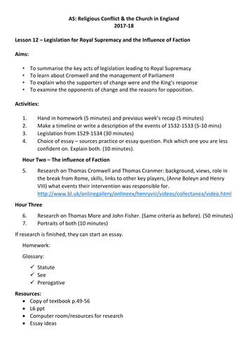 AQA AS Level Religious Conflict - Royal Supremacy and Influence of Faction