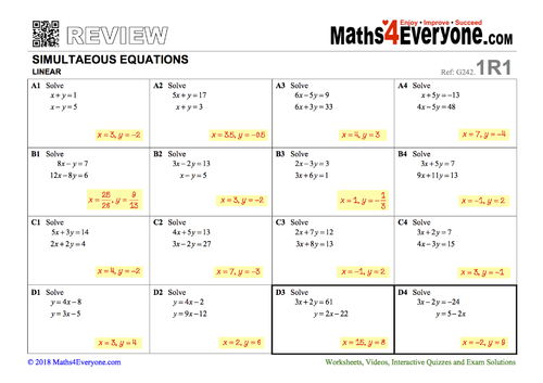 Gcse Revision Simultaneous Equations Teaching Resources