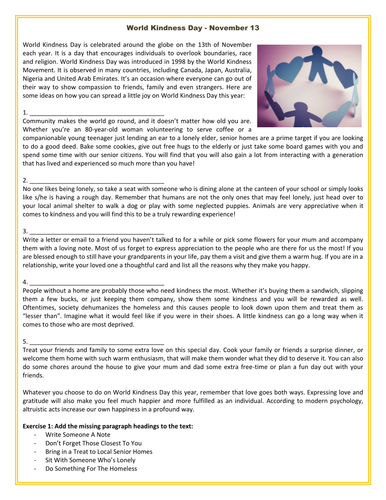 World Kindness Day - Reading Comprehension Worksheet / Text (November ...