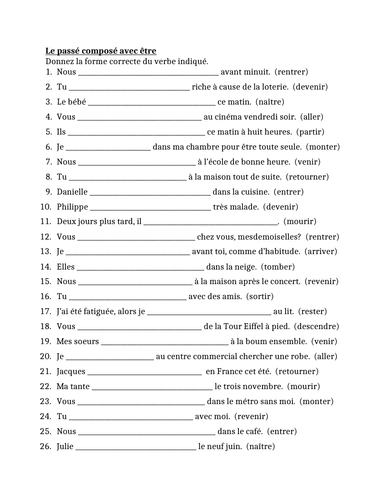 Passé Composé Avec être French Worksheet 2 Teaching Resources 1611