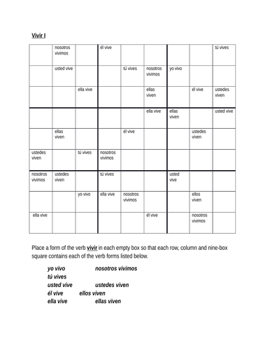 Vivir Spanish Verb Present Tense Sudoku Teaching Resources