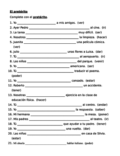 Pretérito irregular Spanish verbs worksheet 1 | Teaching Resources