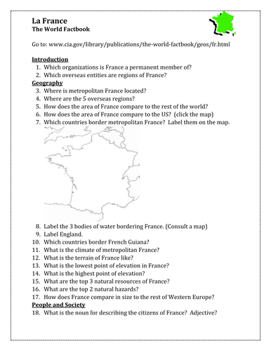 France World Factbook worksheet | Teaching Resources