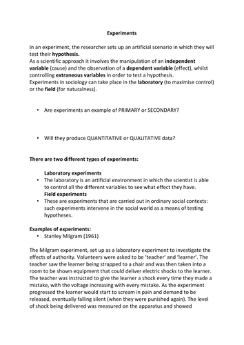 AQA A Level Sociology - Education and Research Methods - Experiments