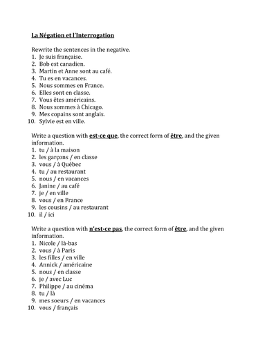 N gation Et Interrogation Avec tre In French Worksheet Teaching 