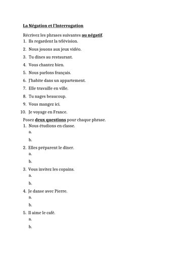 N gation Et Interrogation In French Worksheet Teaching Resources