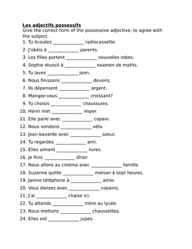 Adjectifs possessifs (French Possessive Adjectives) Worksheet 3 ...