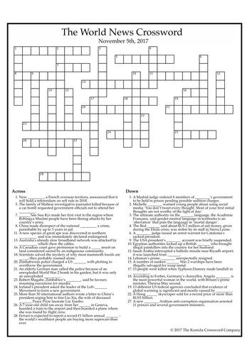 The World News Crossword Nov 5th 2017 Teaching Resources