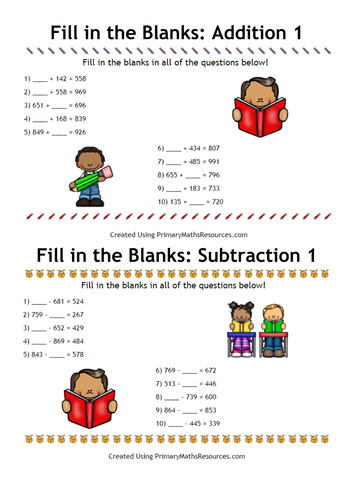 Fill In The Blanks: Addition and Subtraction Worksheets - Year 6