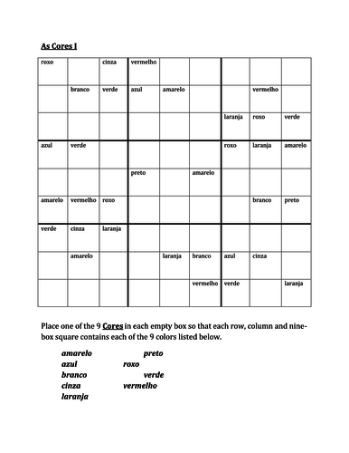 Cores Colors In Portuguese Sudoku Teaching Resources