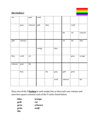 Farben (Colors in German) Sudoku | Teaching Resources