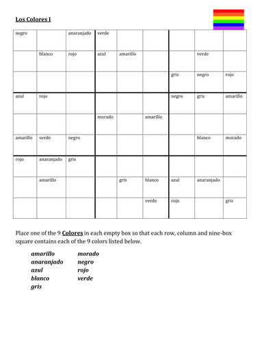 Colores Colors In Spanish Sudoku Teaching Resources
