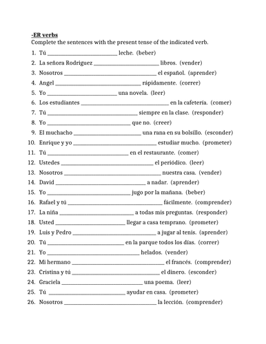 ER Verbs in Spanish Verbos ER Worksheet 1 | Teaching Resources