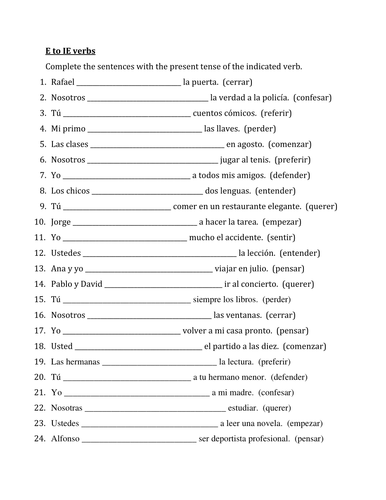  E To IE Verbs In Spanish Worksheet 1 Teaching Resources