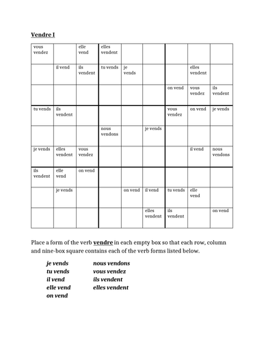 Vendre French Verb Present Tense Sudoku | Teaching Resources