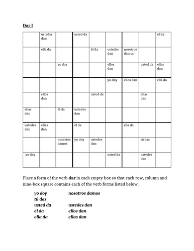Dar Spanish Verb Present Tense Sudoku Teaching Resources