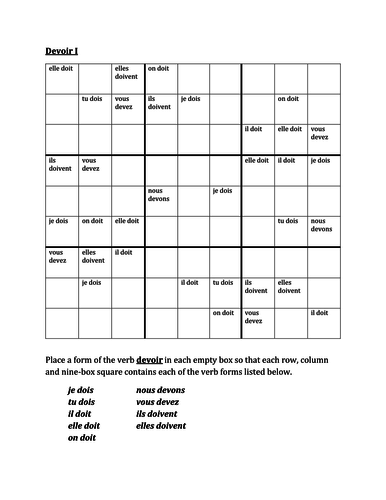 Devoir French Verb Present Tense Sudoku Teaching Resources
