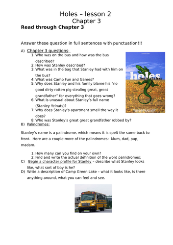 Holes worksheet chapter 3 | Teaching Resources