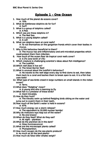 Blue Planet Ii Episode 1 One Ocean Worksheet And Answers Teaching Resources