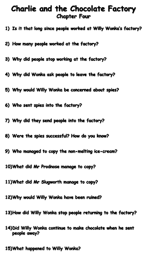 Charlie And The Chocolate Factory Reading Comprehension Questions Teaching Resources