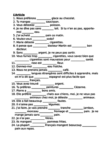 Articles in French Worksheet 4 | Teaching Resources