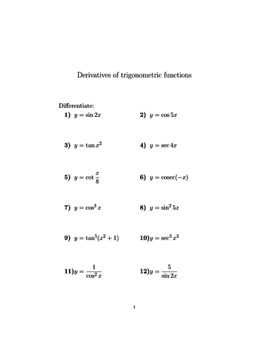 derivatives of trig functions worksheet with solutions pdf