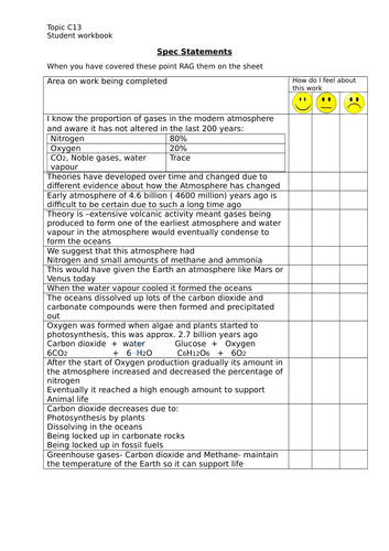 New 9-1 AQA GCSE Workbook for whole of C13 topic - Atmosphere development-Burning pollution