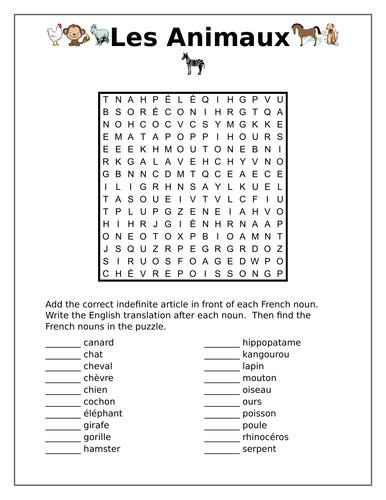 Animaux (Animals in French) Wordsearch for Differentiated Learning |  Teaching Resources