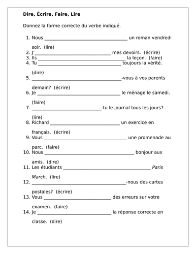 Dire, Écrire, Faire, Lire French verbs worksheet | Teaching Resources