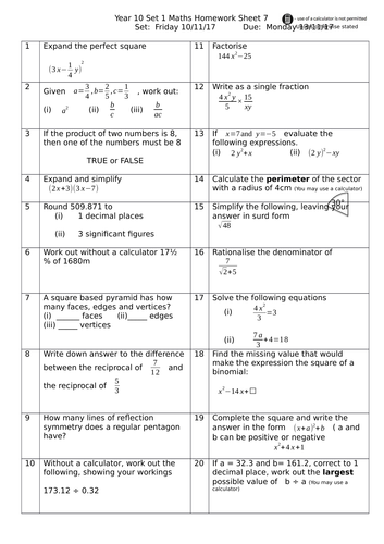 Year 10 Higher GCSE Maths Homework Sheets | Teaching Resources