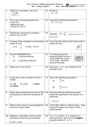 year 10 higher gcse maths homework sheets teaching resources