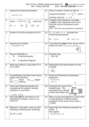 year 10 higher gcse maths homework sheets teaching resources