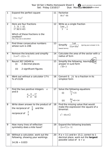 year 10 higher gcse maths homework sheets teaching resources