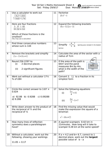 Year 10 Higher GCSE Maths Homework Sheets Teaching Resources