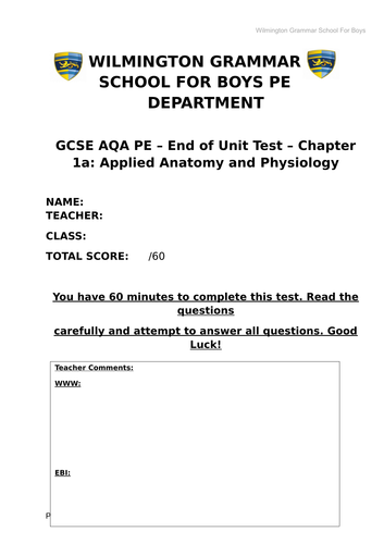 AQA GCSE 9-1 Physical Education: Chapter 1a End of Unit/Chapter 91����t and Mark Scheme