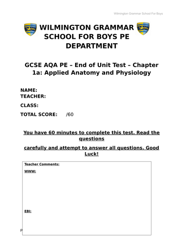AQA GCSE 9-1 Physical Education: Chapter 1a End of Unit/Chapter Test and Mark Scheme