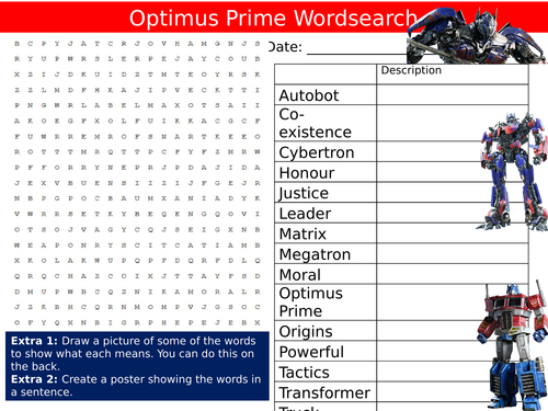 Optimus Prime Transformers Wordsearch Starter Settler Activity Homework