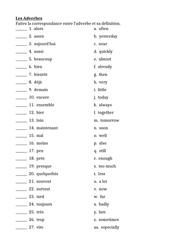 Adverbes (French Adverbs) Worksheet 1 | Teaching Resources