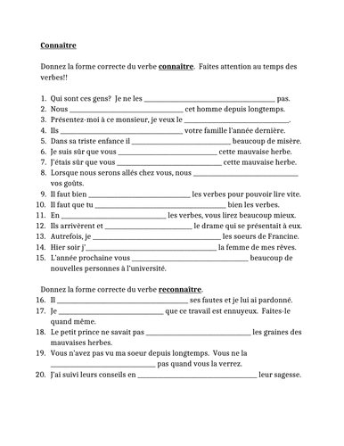 Connaître French Verb Worksheet 1 | Teaching Resources