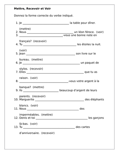 Mettre, Recevoir, Voir French verbs worksheet | Teaching Resources