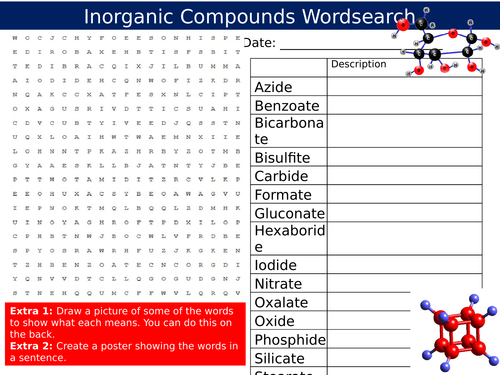 Inorganic Compounds Wordsearch Science Chemistry Starter Settler 