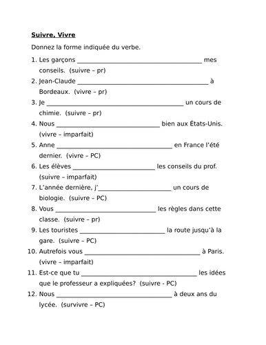 Suivre and vivre French verbs worksheet | Teaching Resources