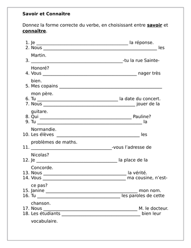 Savoir et Connaître French Verbs Worksheet 3 | Teaching Resources